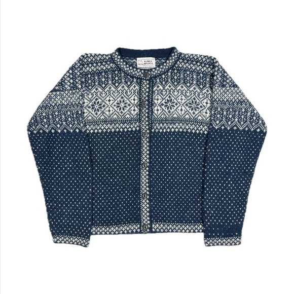 Alpaca Imports Sweaters - Alpaca Imprts Alpaca Wool blue white fair isle knit cardigan sweater women large